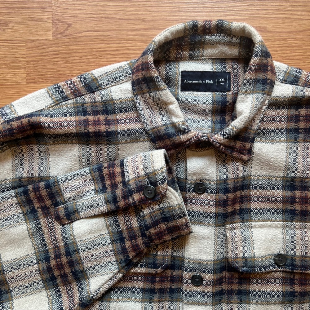 Abercrombie & Fitch Mens XXL Tall Plaid Flannel Shirt Jacket Brown Cream Heavy